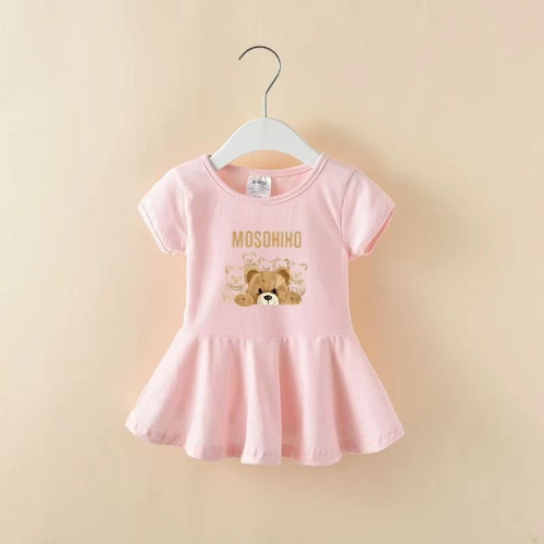 صورة ملابس صيفية للفتيات الصغيرات فستان وردي بأكمام قصيرة من القطن للأطفال فساتين مطبوعة برسوم كارتونية حلوة ملابس الأميرة