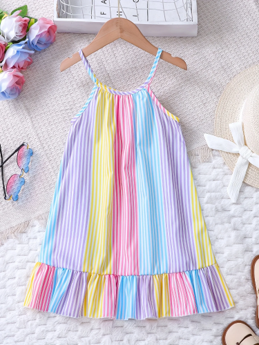 صورة فستان بناتي صيفي ملون مخطط بحاشية مكشكشة للأطفال لقضاء العطلات الصيفية على الشاطئ
