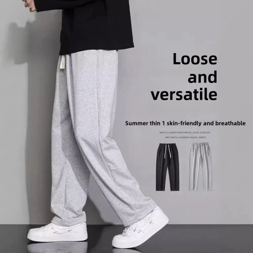 صورة بنطال رياضي كاجوال رمادي للرجال صيفي رفيع مستقيم الساق فضفاض مناسب متعدد الاستخدامات ثنيات واسعة الساق سروال قصير للرجال