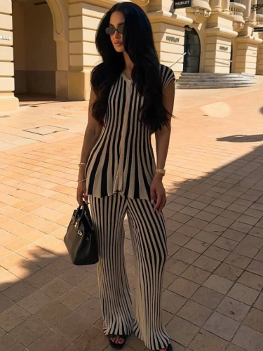 صورة التباين المشارب محبوك السراويل دعوى المرأة أنيقة س الرقبة واحدة الصدر أعلى السراويل واسعة الساق مجموعة شيك سيدة ملابس الشارع العليا