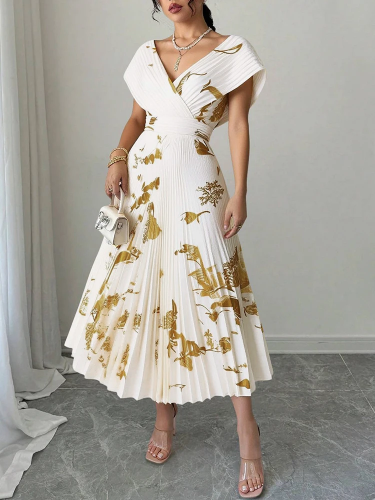 صورة فساتين رافيا النسائية 2025 موضة الصيف أنيقة مطوي عشوائي الاتجاه الطباعة قصيرة الأكمام الخامس الرقبة ألف خط فساتين متوسطة الطول