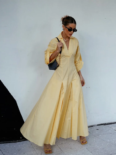 صورة قمصان نسائية أنيقة للمكتب فستان طية صدر السترة الخصر Cinching نصف كم مطوي رداء نسائي موضة صيف 2025 فساتين للسيدات