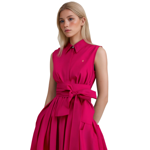 صورة فستان نسائي صيفي بدون أكمام فستان قميص غير رسمي بحزام على شكل فيونكة لون سادة فساتين نسائية بإبزيم معدني على الموضة